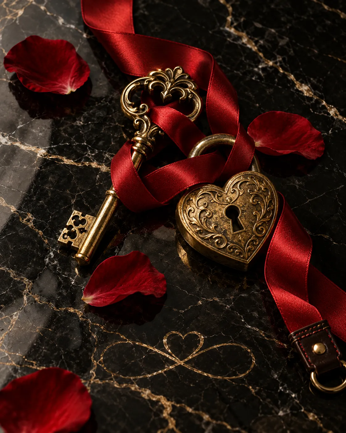 Illustration: an antique key and a heart-shaped padlock tied with red ribbon on black marble