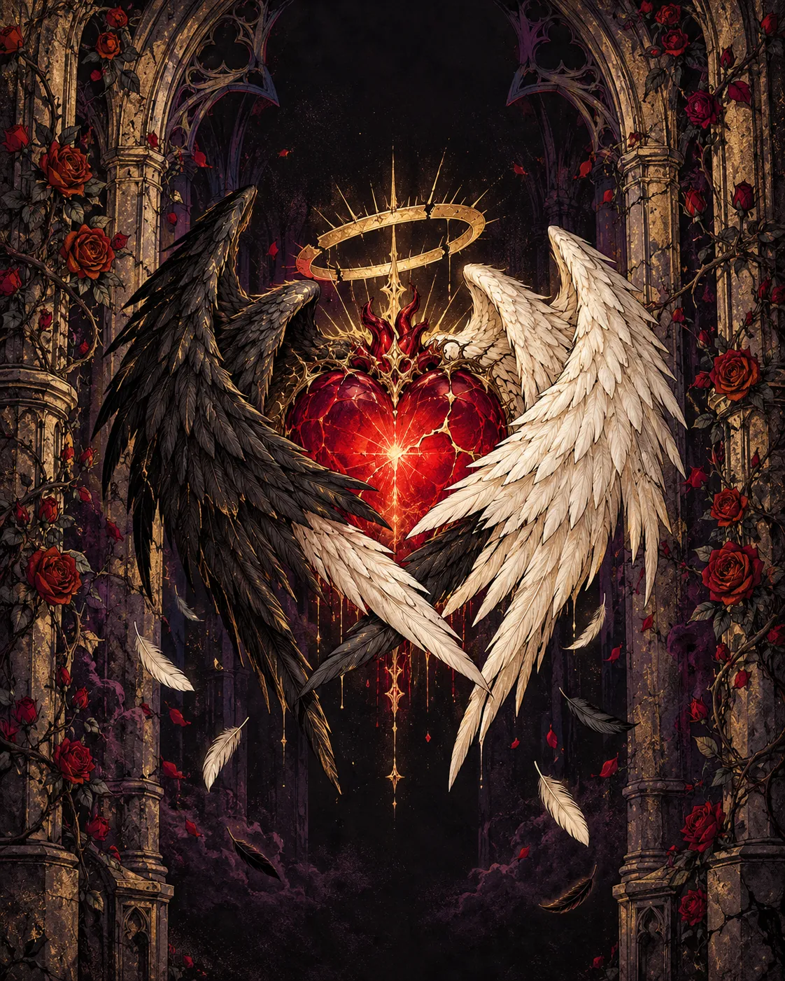 Illustration: black and white angel wings around a glowing red heart under a cracked golden halo