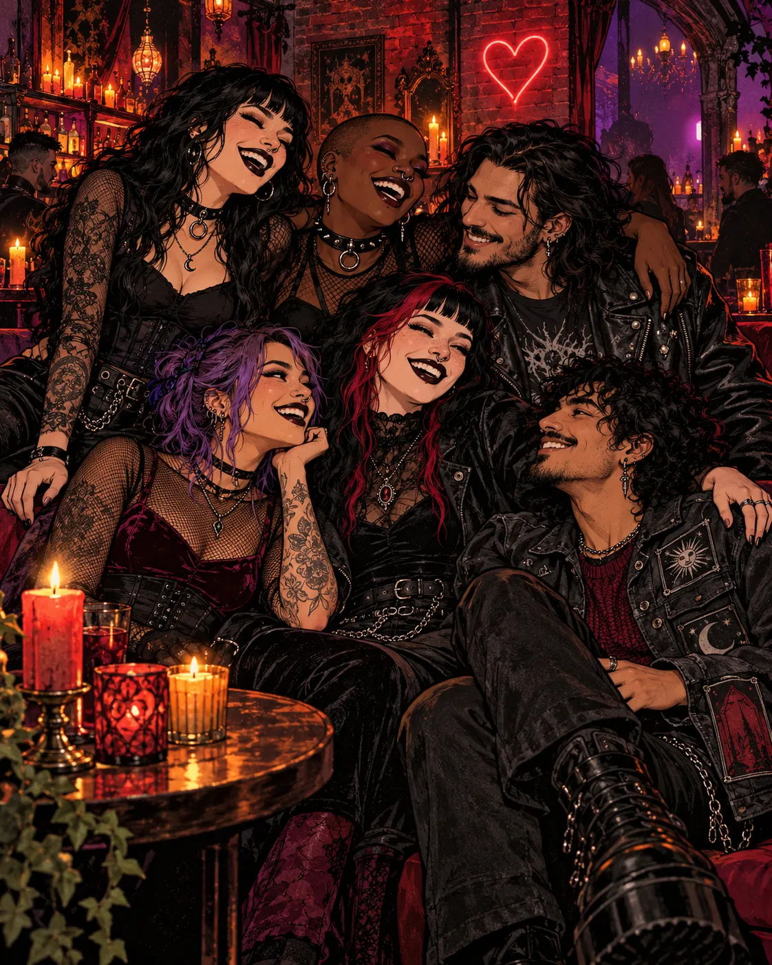 Illustration: friends in alternative clothes laughing together on a sofa in a candlelit bar with a neon heart